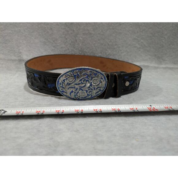 Vintage Black Leather Belt Embossed Pattern Floral Silver Blue Buckle‎ Betty 28" - Picture 8 of 9
